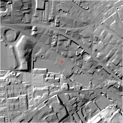 Shaded relief map of the ground around BD12JT, computed from Environment Agency LiDAR. The ground here sits at about 108 m above sea level and falls 34 m across the surrounding 800 m. Surface water reaching this point runs off ground lying to the west, 11.6 m higher.