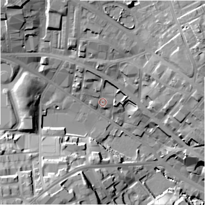 Shaded relief map of the ground around BD12JX, computed from Environment Agency LiDAR. The ground here sits at about 111 m above sea level and falls 32 m across the surrounding 800 m. Surface water reaching this point runs off ground lying to the north-north-east, 8.5 m higher.