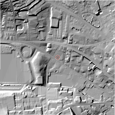 Shaded relief map of the ground around BD12LB, computed from Environment Agency LiDAR. The ground here sits at about 111 m above sea level and falls 40 m across the surrounding 800 m. Surface water reaching this point runs off ground lying to the north-west, 31.7 m higher.