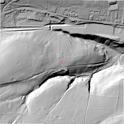 Shaded relief map of the ground around BD133SY, computed from Environment Agency LiDAR. The ground here sits at about 260 m above sea level and falls 76 m across the surrounding 800 m. Surface water reaching this point runs off ground lying to the west, 17.3 m higher.