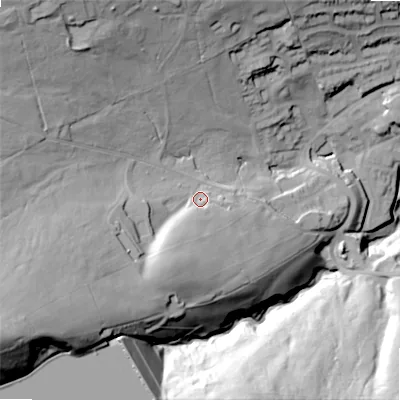 Shaded relief map of the ground around BD134DX, computed from Environment Agency LiDAR. The ground here sits at about 297 m above sea level and falls 79 m across the surrounding 800 m. Surface water reaching this point runs off ground lying to the south-west, 46.3 m higher.