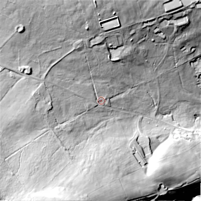 Shaded relief map of the ground around BD134EA, computed from Environment Agency LiDAR. The ground here sits at about 314 m above sea level and falls 70 m across the surrounding 800 m. Surface water reaching this point runs off ground lying to the north-west, 35.9 m higher.