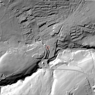 Shaded relief map of the ground around BD134EX, computed from Environment Agency LiDAR. The ground here sits at about 275 m above sea level and falls 66 m across the surrounding 800 m. Surface water reaching this point runs off ground lying to the west-south-west, 6.7 m higher.