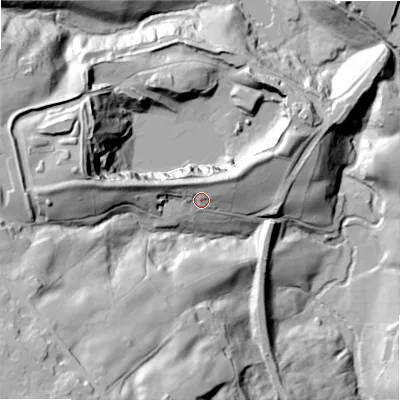 Shaded relief map of the ground around BD134LQ, computed from Environment Agency LiDAR. The ground here sits at about 246 m above sea level and falls 87 m across the surrounding 800 m. Surface water reaching this point runs off ground lying to the north-north-west, 9.5 m higher.