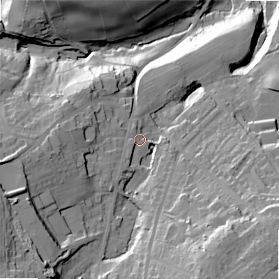 Shaded relief map of the ground around BD135AB, computed from Environment Agency LiDAR. The ground here sits at about 192 m above sea level and falls 59 m across the surrounding 800 m. Surface water reaching this point runs off ground lying to the south-west, 25.4 m higher.
