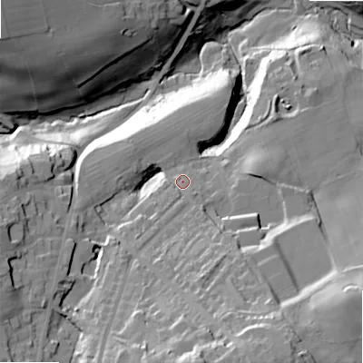 Shaded relief map of the ground around BD135AE, computed from Environment Agency LiDAR. The ground here sits at about 183 m above sea level and falls 65 m across the surrounding 800 m. Surface water reaching this point runs off ground lying to the south, 30.9 m higher.