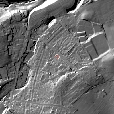 Shaded relief map of the ground around BD135AN, computed from Environment Agency LiDAR. The ground here sits at about 198 m above sea level and falls 57 m across the surrounding 800 m. Surface water reaching this point runs off ground lying to the south, 19.9 m higher.