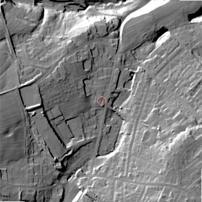 Shaded relief map of the ground around BD135DE, computed from Environment Agency LiDAR. The ground here sits at about 196 m above sea level and falls 57 m across the surrounding 800 m. Surface water reaching this point runs off ground lying to the south-south-east, 1.4 m higher.