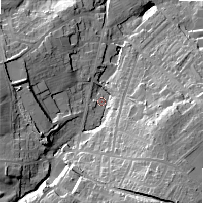 Shaded relief map of the ground around BD135DF, computed from Environment Agency LiDAR. The ground here sits at about 194 m above sea level and falls 51 m across the surrounding 800 m. Surface water reaching this point runs off ground lying to the south-east, 23.6 m higher.