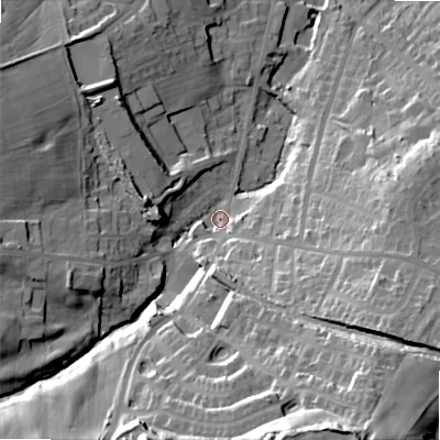 Shaded relief map of the ground around BD135DH, computed from Environment Agency LiDAR. The ground here sits at about 199 m above sea level and falls 56 m across the surrounding 800 m. Surface water reaching this point runs off ground lying to the south-south-east, 45.0 m higher.