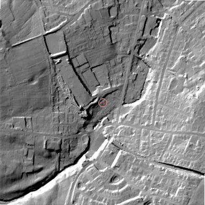 Shaded relief map of the ground around BD135DQ, computed from Environment Agency LiDAR. The ground here sits at about 200 m above sea level and falls 47 m across the surrounding 800 m. Surface water reaching this point runs off ground lying to the west-south-west, 13.7 m higher.