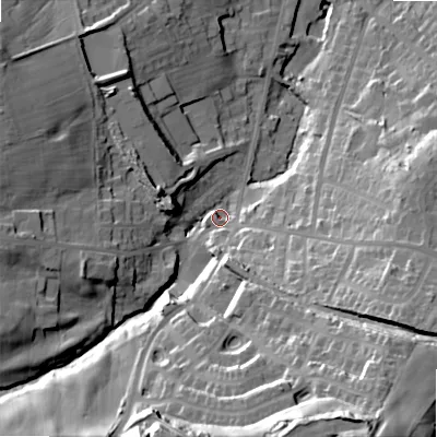 Shaded relief map of the ground around BD135DW, computed from Environment Agency LiDAR. The ground here sits at about 201 m above sea level and falls 56 m across the surrounding 800 m. Surface water reaching this point runs off ground lying to the south-south-west, 43.8 m higher.