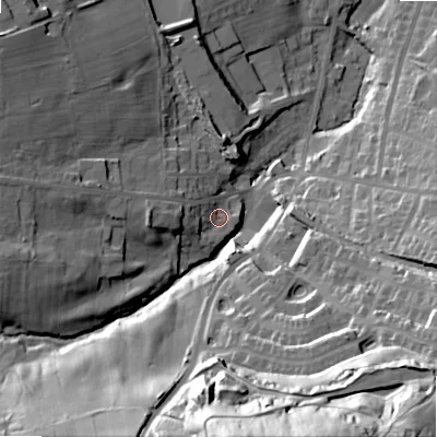 Shaded relief map of the ground around BD135ER, computed from Environment Agency LiDAR. The ground here sits at about 207 m above sea level and falls 77 m across the surrounding 800 m. Surface water reaching this point runs off ground lying to the west-north-west, 6.2 m higher.