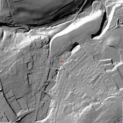 Shaded relief map of the ground around BD135EX, computed from Environment Agency LiDAR. The ground here sits at about 188 m above sea level and falls 60 m across the surrounding 800 m. Surface water reaching this point runs off ground lying to the south-south-east, 29.4 m higher.