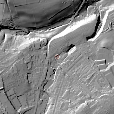 Shaded relief map of the ground around BD135HL, computed from Environment Agency LiDAR. The ground here sits at about 186 m above sea level and falls 60 m across the surrounding 800 m. Surface water reaching this point runs off ground lying to the south-south-east, 29.9 m higher.