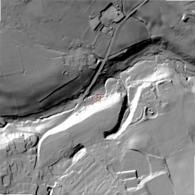 Shaded relief map of the ground around BD135JL, computed from Environment Agency LiDAR. The ground here sits at about 160 m above sea level and falls 55 m across the surrounding 800 m. Surface water reaching this point runs off ground lying to the north-west, 45.5 m higher.