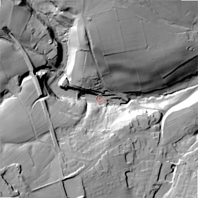 Shaded relief map of the ground around BD135JN, computed from Environment Agency LiDAR. The ground here sits at about 171 m above sea level and falls 64 m across the surrounding 800 m. Surface water reaching this point runs off ground lying to the south-west, 54.5 m higher.