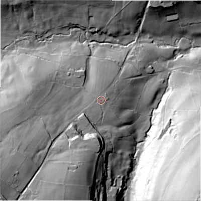 Shaded relief map of the ground around BD146PZ, computed from Environment Agency LiDAR. The ground here sits at about 197 m above sea level and falls 93 m across the surrounding 800 m. Surface water reaching this point runs off ground lying to the south-west, 8.6 m higher.