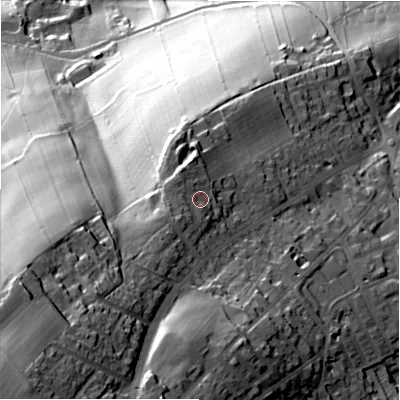 Shaded relief map of the ground around BD146RZ, computed from Environment Agency LiDAR. The ground here sits at about 235 m above sea level and falls 102 m across the surrounding 800 m. Surface water reaching this point runs off ground lying to the south-west, 5.2 m higher.