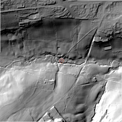 Shaded relief map of the ground around BD146TA, computed from Environment Agency LiDAR. The ground here sits at about 177 m above sea level and falls 68 m across the surrounding 800 m. Surface water reaching this point runs off ground lying to the south-west, 56.3 m higher.