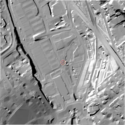 Shaded relief map of the ground around BD14AA, computed from Environment Agency LiDAR. The ground here sits at about 96 m above sea level and falls 62 m across the surrounding 800 m. Surface water reaching this point runs off ground lying to the east, 40.2 m higher.