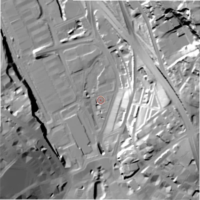 Shaded relief map of the ground around BD14AB, computed from Environment Agency LiDAR. The ground here sits at about 95 m above sea level and falls 67 m across the surrounding 800 m. Surface water reaching this point runs off ground lying to the east, 45.9 m higher.