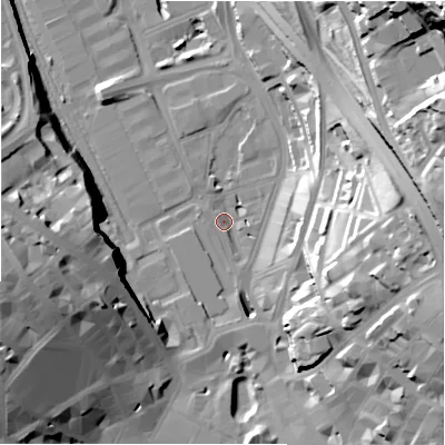 Shaded relief map of the ground around BD14AF, computed from Environment Agency LiDAR. The ground here sits at about 96 m above sea level and falls 63 m across the surrounding 800 m. Surface water reaching this point runs off ground lying to the east-north-east, 43.4 m higher.