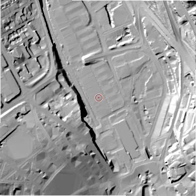 Shaded relief map of the ground around BD14AG, computed from Environment Agency LiDAR. The ground here sits at about 96 m above sea level and falls 48 m across the surrounding 800 m. Surface water reaching this point runs off ground lying to the north-north-east, 0.7 m higher.