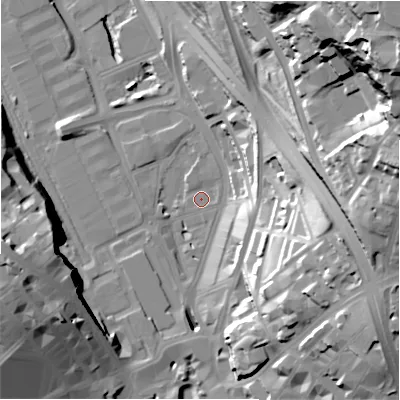 Shaded relief map of the ground around BD14AH, computed from Environment Agency LiDAR. The ground here sits at about 95 m above sea level and falls 68 m across the surrounding 800 m. Surface water reaching this point runs off ground lying to the east, 45.9 m higher.