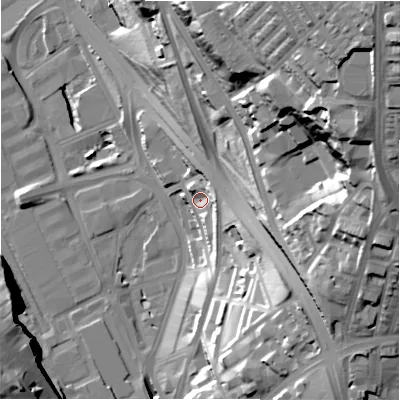 Shaded relief map of the ground around BD14AJ, computed from Environment Agency LiDAR. The ground here sits at about 102 m above sea level and falls 77 m across the surrounding 800 m. Surface water reaching this point runs off ground lying to the east, 10.7 m higher.