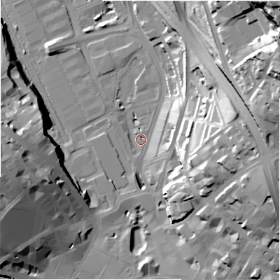 Shaded relief map of the ground around BD14AY, computed from Environment Agency LiDAR. The ground here sits at about 96 m above sea level and falls 63 m across the surrounding 800 m. Surface water reaching this point runs off ground lying to the east-north-east, 46.0 m higher.