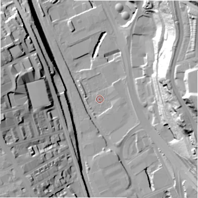 Shaded relief map of the ground around BD14BQ, computed from Environment Agency LiDAR. The ground here sits at about 91 m above sea level and falls 64 m across the surrounding 800 m. Surface water reaching this point runs off ground lying to the east-south-east, 2.1 m higher.