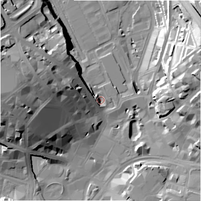 Shaded relief map of the ground around BD14HU, computed from Environment Agency LiDAR. The ground here sits at about 96 m above sea level and falls 36 m across the surrounding 800 m. Surface water reaching this point runs off ground lying to the west, 29.0 m higher.