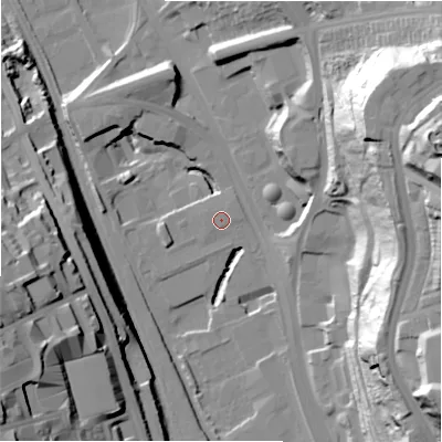Shaded relief map of the ground around BD14RA, computed from Environment Agency LiDAR. The ground here sits at about 91 m above sea level and falls 68 m across the surrounding 800 m. The ground contributing surface water to this point lies to the west.
