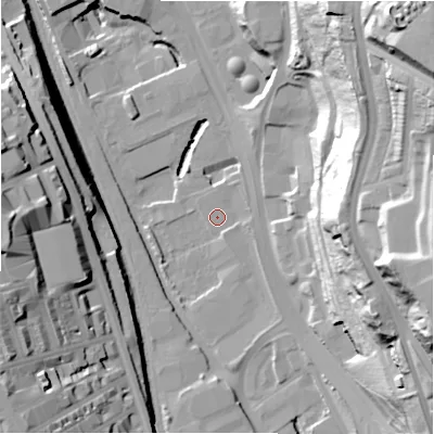 Shaded relief map of the ground around BD14RB, computed from Environment Agency LiDAR. The ground here sits at about 91 m above sea level and falls 68 m across the surrounding 800 m. Surface water reaching this point runs off ground lying to the south, 3.0 m higher.