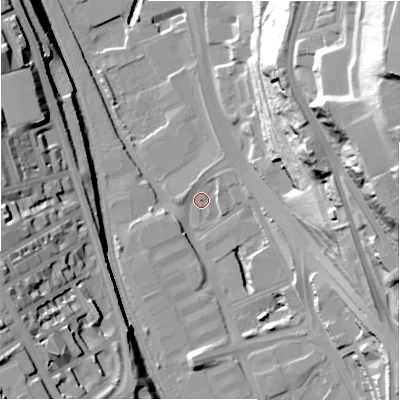 Shaded relief map of the ground around BD14RF, computed from Environment Agency LiDAR. The ground here sits at about 92 m above sea level and falls 70 m across the surrounding 800 m. Surface water reaching this point runs off ground lying to the south-east, 21.2 m higher.