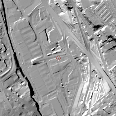 Shaded relief map of the ground around BD14RH, computed from Environment Agency LiDAR. The ground here sits at about 95 m above sea level and falls 71 m across the surrounding 800 m. Surface water reaching this point runs off ground lying to the east-south-east, 37.6 m higher.