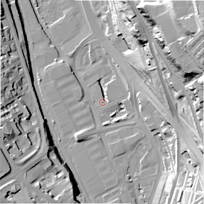 Shaded relief map of the ground around BD14RP, computed from Environment Agency LiDAR. The ground here sits at about 94 m above sea level and falls 68 m across the surrounding 800 m. Surface water reaching this point runs off ground lying to the east, 46.6 m higher.