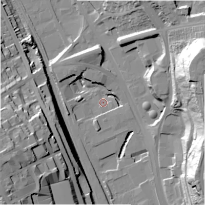 Shaded relief map of the ground around BD14RU, computed from Environment Agency LiDAR. The ground here sits at about 89 m above sea level and falls 56 m across the surrounding 800 m. Surface water reaching this point runs off ground lying to the south-south-west, 7.2 m higher.