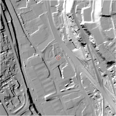 Shaded relief map of the ground around BD14RX, computed from Environment Agency LiDAR. The ground here sits at about 93 m above sea level and falls 72 m across the surrounding 800 m. Surface water reaching this point runs off ground lying to the east-south-east, 8.8 m higher.