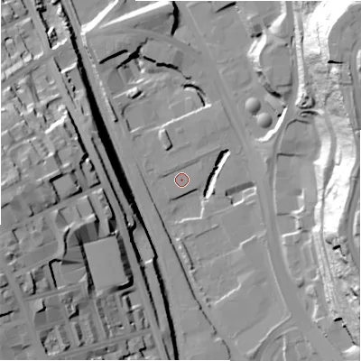 Shaded relief map of the ground around BD14RY, computed from Environment Agency LiDAR. The ground here sits at about 90 m above sea level and falls 57 m across the surrounding 800 m. Surface water reaching this point runs off ground lying to the south-south-west, 6.3 m higher.