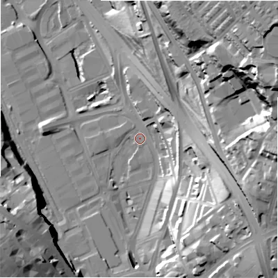 Shaded relief map of the ground around BD14SD, computed from Environment Agency LiDAR. The ground here sits at about 96 m above sea level and falls 73 m across the surrounding 800 m. Surface water reaching this point runs off ground lying to the east-south-east, 45.9 m higher.