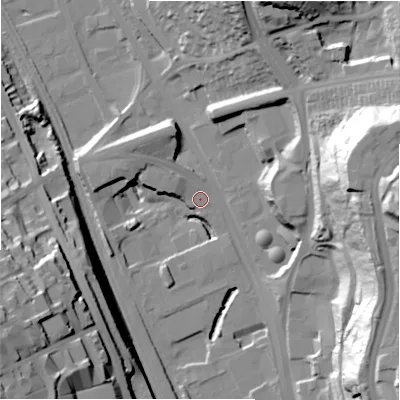 Shaded relief map of the ground around BD14SF, computed from Environment Agency LiDAR. The ground here sits at about 91 m above sea level and falls 62 m across the surrounding 800 m. Surface water reaching this point runs off ground lying to the west-north-west, 11.8 m higher.