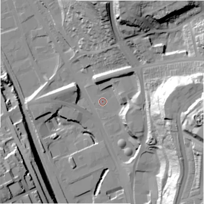 Shaded relief map of the ground around BD14SR, computed from Environment Agency LiDAR. The ground here sits at about 90 m above sea level and falls 68 m across the surrounding 800 m. Surface water reaching this point runs off ground lying to the east, 48.7 m higher.