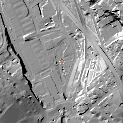 Shaded relief map of the ground around BD14UG, computed from Environment Agency LiDAR. The ground here sits at about 95 m above sea level and falls 68 m across the surrounding 800 m. Surface water reaching this point runs off ground lying to the east, 44.2 m higher.
