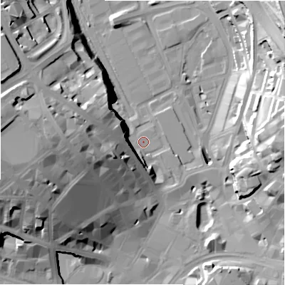 Shaded relief map of the ground around BD14XY, computed from Environment Agency LiDAR. The ground here sits at about 98 m above sea level and falls 36 m across the surrounding 800 m. Surface water reaching this point runs off ground lying to the west-north-west, 20.3 m higher.