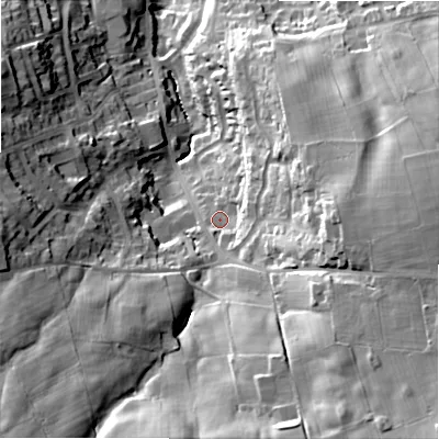 Shaded relief map of the ground around BD150HF, computed from Environment Agency LiDAR. The ground here sits at about 223 m above sea level and falls 49 m across the surrounding 800 m. Surface water reaching this point runs off ground lying to the east-south-east, 7.4 m higher.