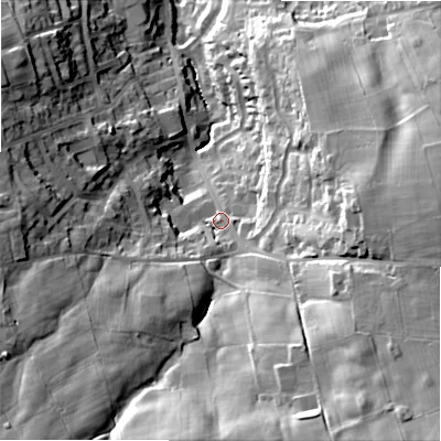 Shaded relief map of the ground around BD150JR, computed from Environment Agency LiDAR. The ground here sits at about 224 m above sea level and falls 49 m across the surrounding 800 m. Surface water reaching this point runs off ground lying to the south-east, 33.7 m higher.
