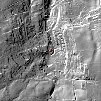 Shaded relief map of the ground around BD150JW, computed from Environment Agency LiDAR. The ground here sits at about 217 m above sea level and falls 49 m across the surrounding 800 m. Surface water reaching this point runs off ground lying to the south-east, 36.1 m higher.