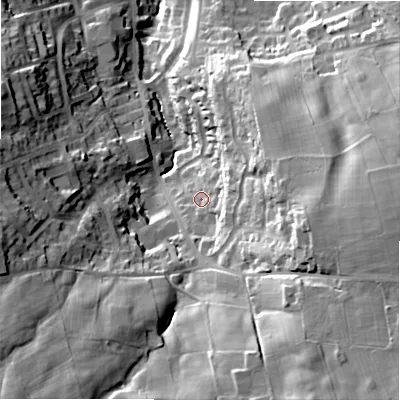 Shaded relief map of the ground around BD150NF, computed from Environment Agency LiDAR. The ground here sits at about 221 m above sea level and falls 50 m across the surrounding 800 m. Surface water reaching this point runs off ground lying to the east, 30.8 m higher.